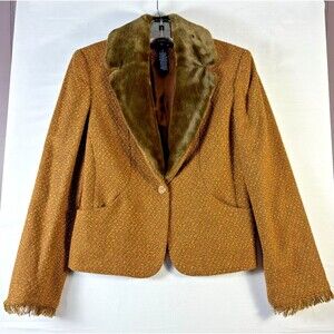 Jones Wear Blazer Women Brown Wool Blend Tweed Faux Fur Collar removable Lined 8